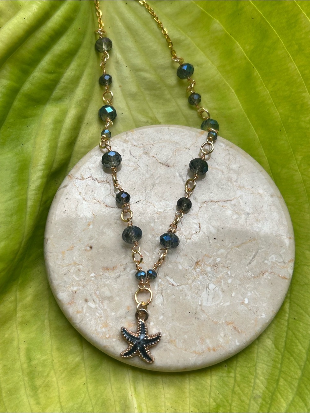 Gold Bead Chain Necklace with Blue-Green Crystal Beads and Starfish Charm
